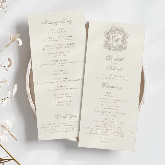Elegant Monogram Crest Ivory Wedding Program Programmakaart