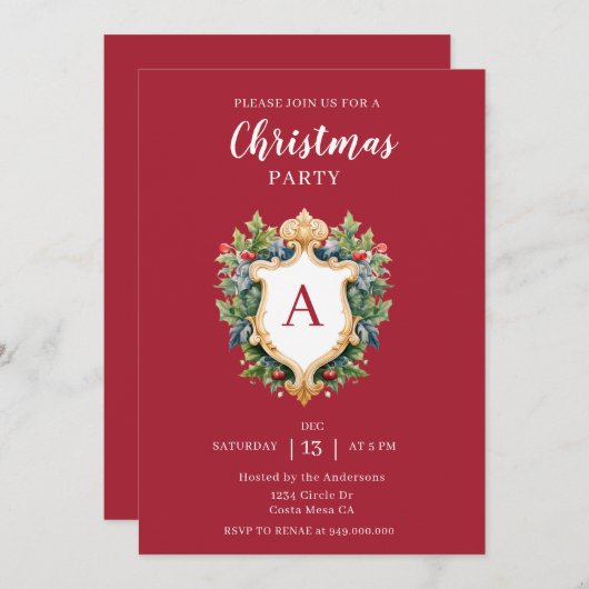 Elegant Monogram Crest Kerstfeest Kaart (Voorkant / Achterkant)