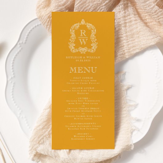 Elegant Monogram Crest Marigold Yellow Wedding Menu