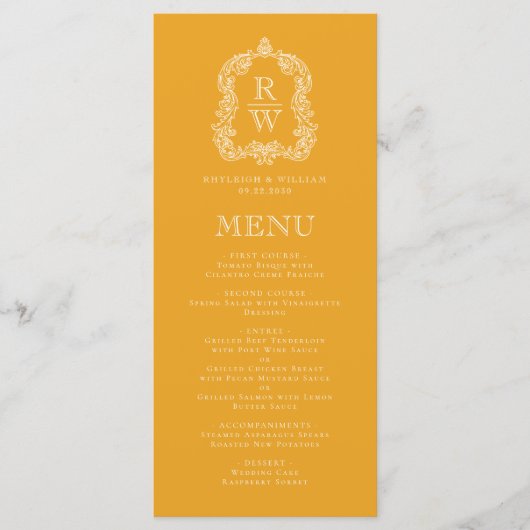 Elegant Monogram Crest Marigold Yellow Wedding Menu (Voorkant)