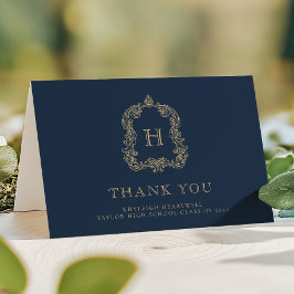 Elegant Monogram Crest Navy Blauw Goud Afstuderen Bedankkaart