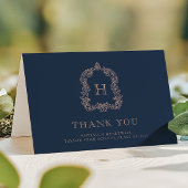 Elegant Monogram Crest Navy blauw Roos Afstuderen Bedankkaart