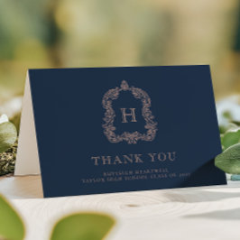 Elegant Monogram Crest Navy blauw Roos Afstuderen Bedankkaart