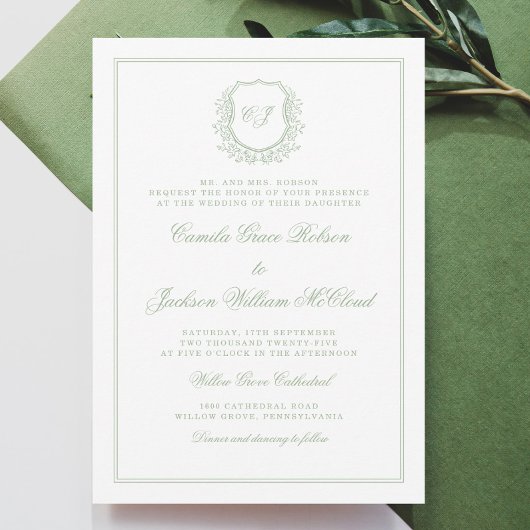 Elegant Monogram Crest Sage Green Wedding Kaart