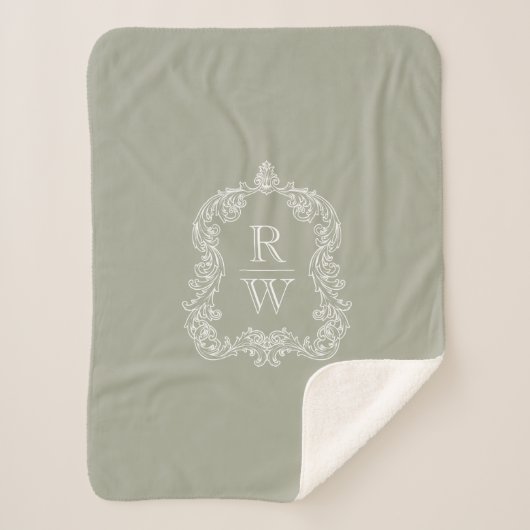 Elegant  Monogram Crest Sage Groen Sherpa Deken (Voorkant)