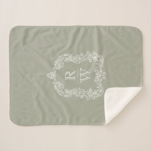 Elegant  Monogram Crest Sage Groen Sherpa Deken (Voorkant (horizontaal))