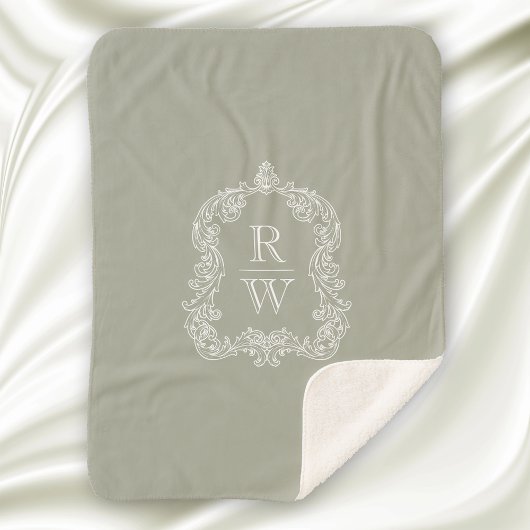 Elegant  Monogram Crest Sage Groen Sherpa Deken