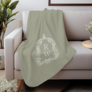 Elegant  Monogram Crest Sage Groen Sherpa Deken