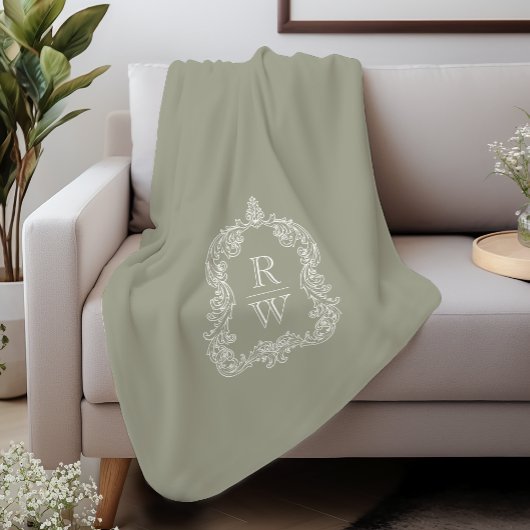 Elegant  Monogram Crest Sage Groen Sherpa Deken
