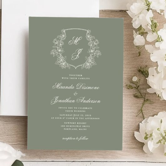 Elegant Monogram Crest Sage Groene Bruiloft Kaart