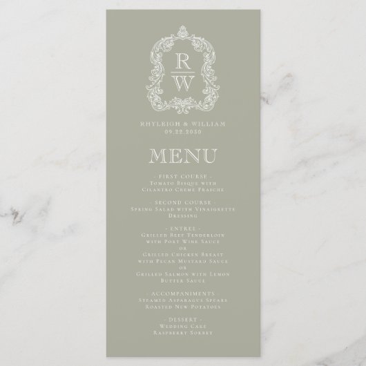 Elegant Monogram Crest Sage Groene Bruiloft Menu (Voorkant)
