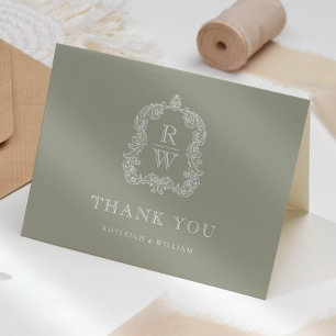 Elegant Monogram Crest Saliegroen Trouwfeest Bedankkaart