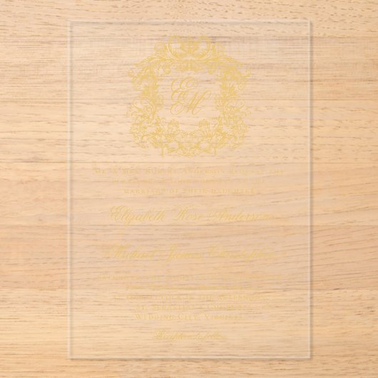 Elegant Monogram Crest Script Wedding Faux Gold Acryl Uitnodigingen (Voorkant)