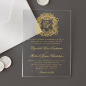 Elegant Monogram Crest Script Wedding Faux Gold Acryl Uitnodigingen