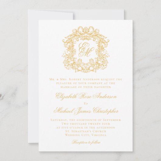 Elegant Monogram Crest Script Wedding Faux Gold Kaart (Voorkant)
