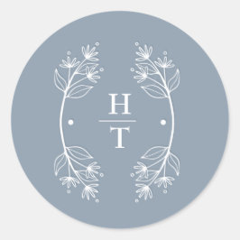 Elegant Monogram Crest Stoffig Blauw Bruiloft Stic Ronde Sticker