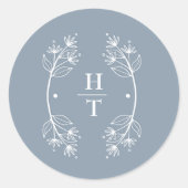 Elegant Monogram Crest Stoffig Blauw Bruiloft Stic Ronde Sticker (Voorkant)