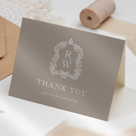 Elegant Monogram Crest Taupe Trouwfeest Bedankkaart