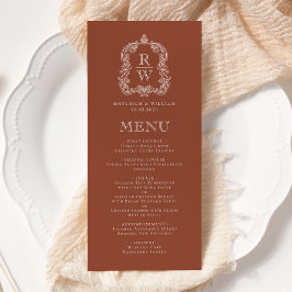 Elegant Monogram Crest Terracotta Wedding Menu
