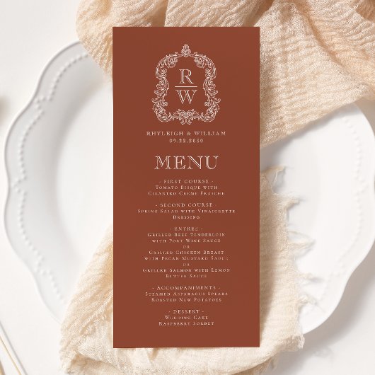 Elegant Monogram Crest Terracotta Wedding Menu