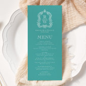 Elegant Monogram Crest Turquoise White Wedding Menu