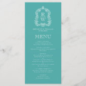 Elegant Monogram Crest Turquoise White Wedding Menu (Voorkant)