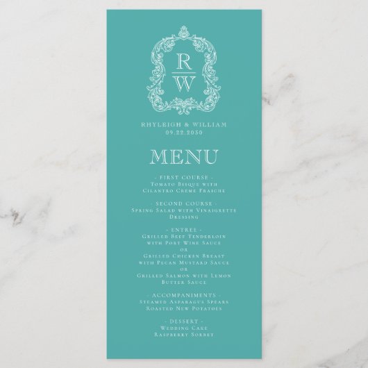 Elegant Monogram Crest Turquoise White Wedding Menu (Voorkant)