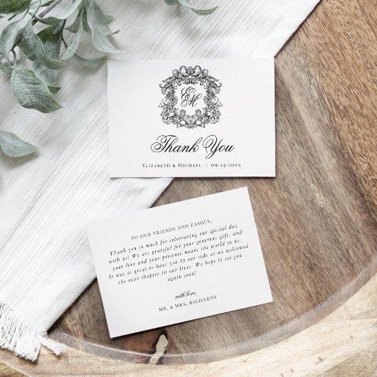 Elegant Monogram Crest Vintage Wedding Bedankkaart