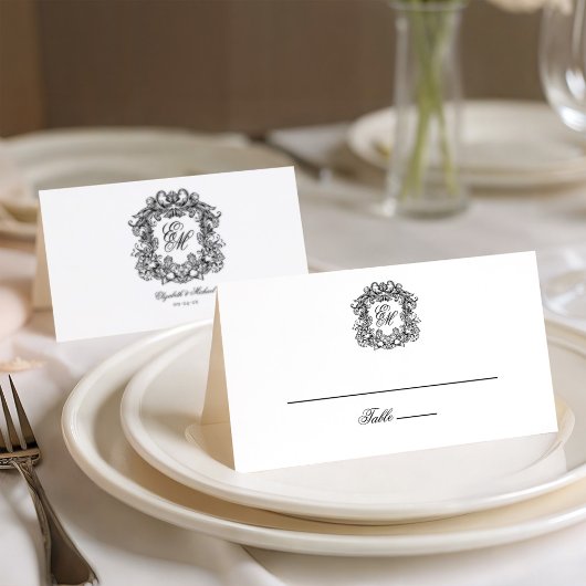 Elegant Monogram Crest Vintage Wedding Plaatskaartje
