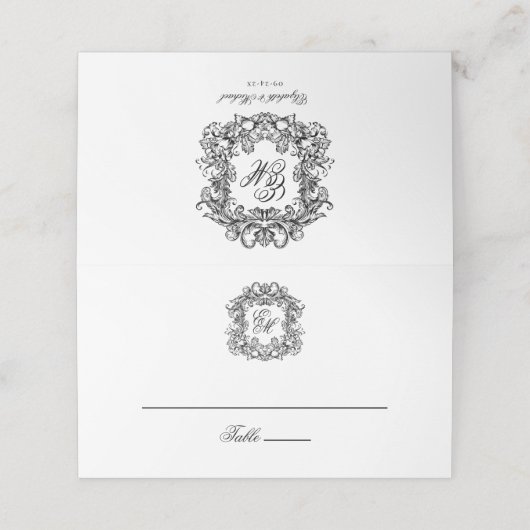 Elegant Monogram Crest Vintage Wedding Plaatskaartje (Buitenkant ongevouwen)