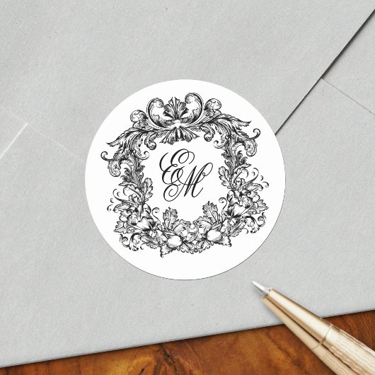 Elegant Monogram Crest Vintage Wedding Ronde Sticker