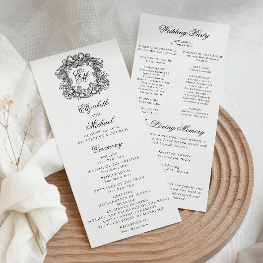 Elegant Monogram Crest Wedding Ceremony Programmakaart