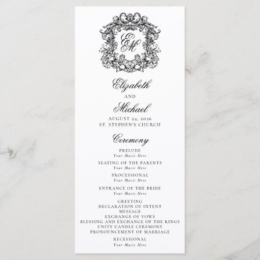Elegant Monogram Crest Wedding Ceremony Programmakaart (Voorkant)