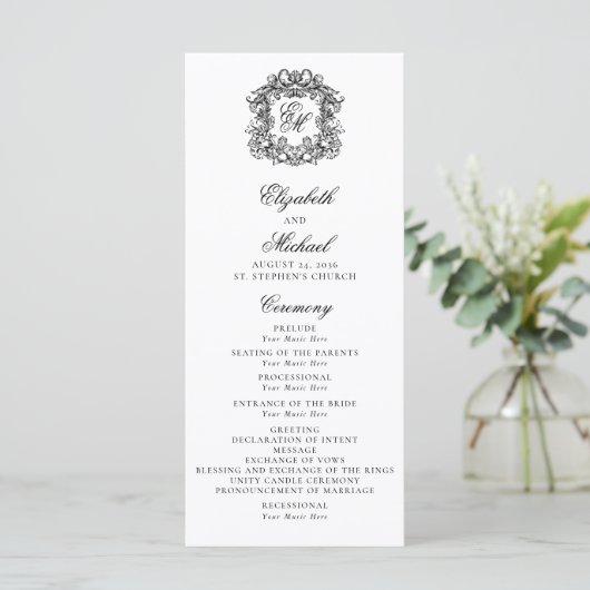 Elegant Monogram Crest Wedding Fotoprogramma Programmakaart (Staand voorkant)