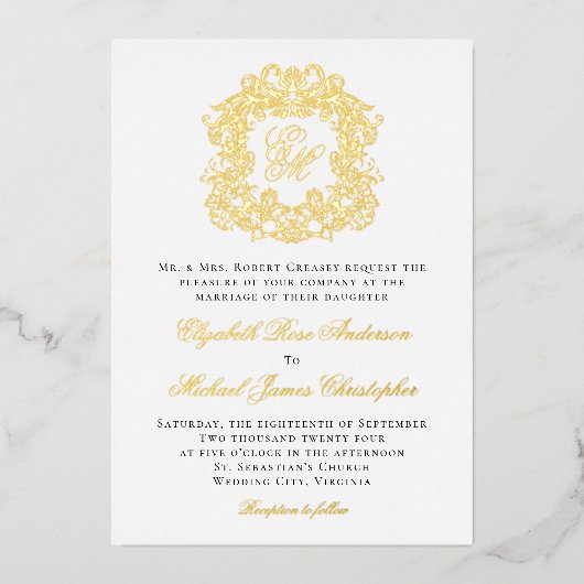 Elegant Monogram Crest Wedding Gold Folie Uitnodiging (Voorkant)