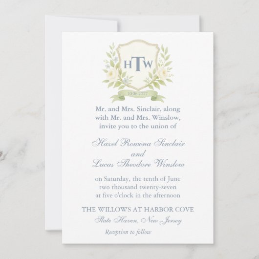 Elegant Monogram Crest Wedding Kaart (Voorkant)