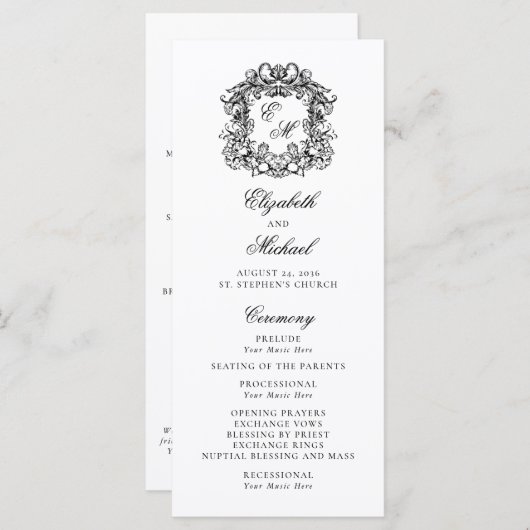 Elegant Monogram Crest Wedding Programmakaart (Voorkant / Achterkant)