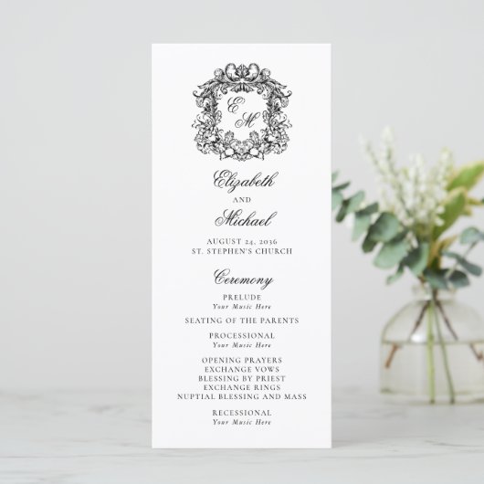 Elegant Monogram Crest Wedding Programmakaart (Staand voorkant)