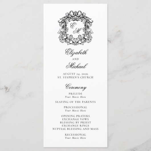 Elegant Monogram Crest Wedding Programmakaart (Voorkant)