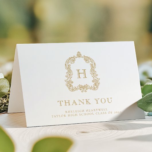 Elegant Monogram Crest Wit Goud Afstuderen Bedankkaart