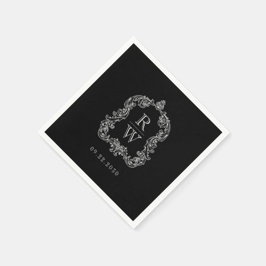 Elegant  Monogram Crest Zwart Wit Bruiloft Servet (Hoek)