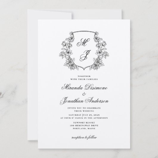 Elegant Monogram Crest Zwart Wit Trouwen Kaart (Voorkant)