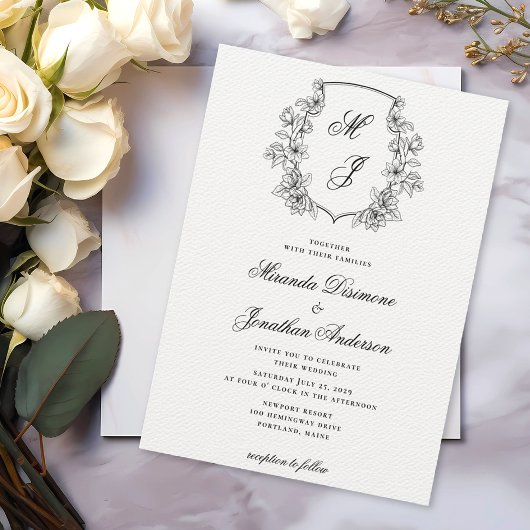 Elegant Monogram Crest Zwart Wit Trouwen Kaart
