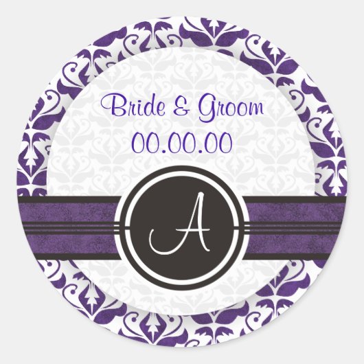Elegant Monogram Damask bewaart de Datum Stickers (Voorkant)