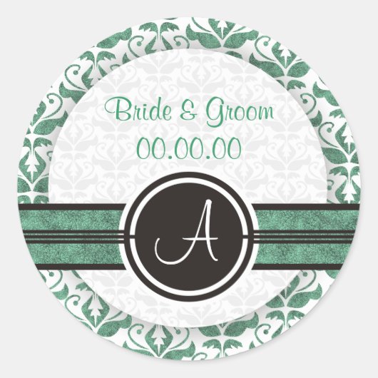 Elegant Monogram Damask bewaart de Datum Stickers (Voorkant)