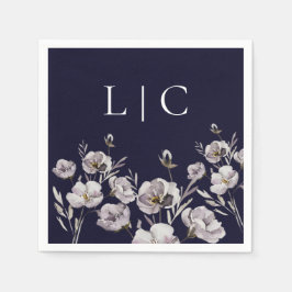 Elegant monogram dark navy waterverf bloem servet
