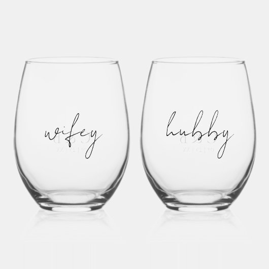 Elegant Monogram Datum Wifey Hubby Wijnglas Zonder Voet (Achterkant)