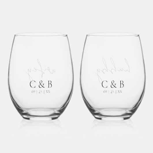 Elegant Monogram Datum Wifey Hubby Wijnglas Zonder Voet (Voorkant)