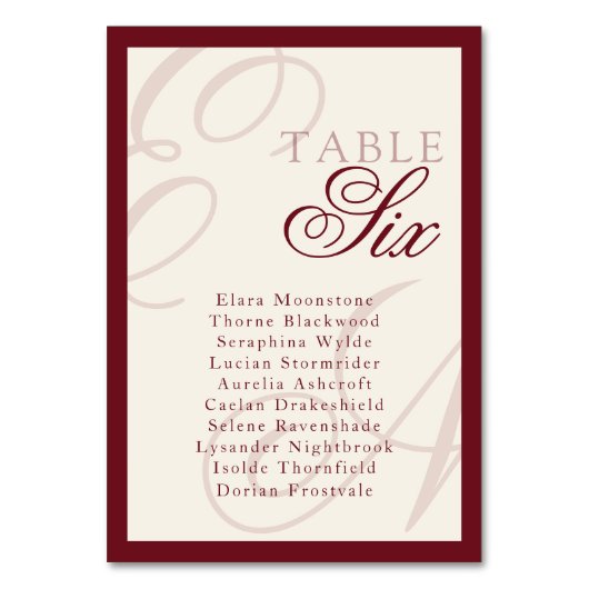 Elegant Monogram Deep red Table Seating Chart Kaart (Voorkant)