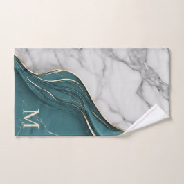 Elegant Monogram Donker Blauwgroen Goud Marmer Handdoek